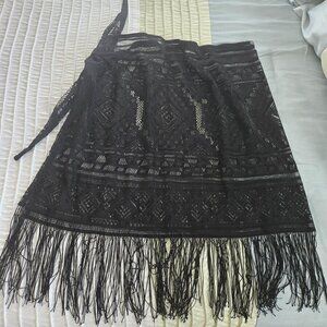 Women Beach Lace Swimsuit Cover up Wrap Pareo with Tassel - Black (One Size)